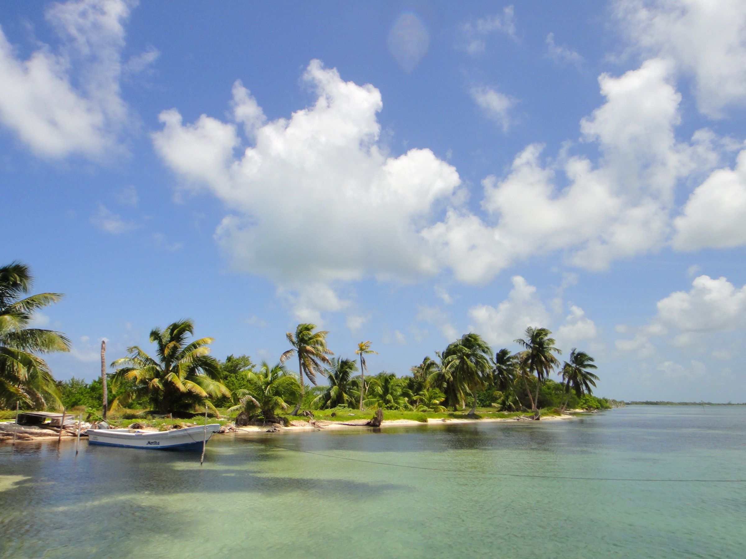 Clear, pale-green shallows and a palm-lined caye beside Turneffe Atoll with a skiff moored off the beach