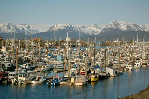 Fishing and charter boats packed into the Homer Spit harbor below the snow-capped Kenai Mountains