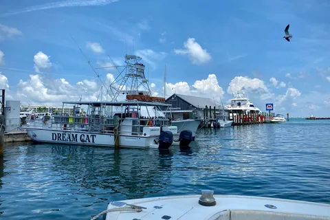 Charter fishing boats tied up at Key West Bight Marina under a blue sky