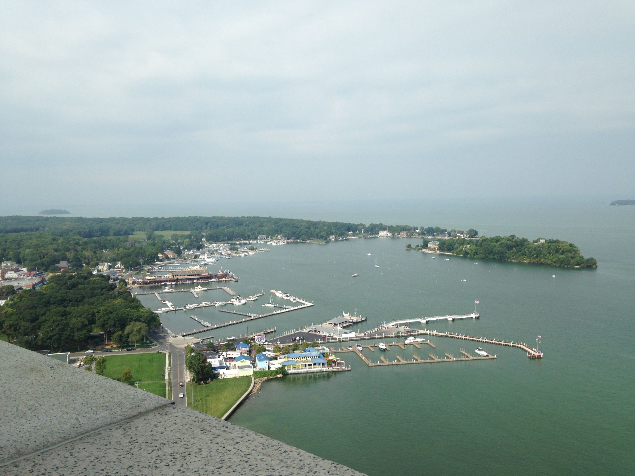 Put-in-Bay harbor and marinas on South Bass Island seen from Perry's Victory and International Peace Memorial