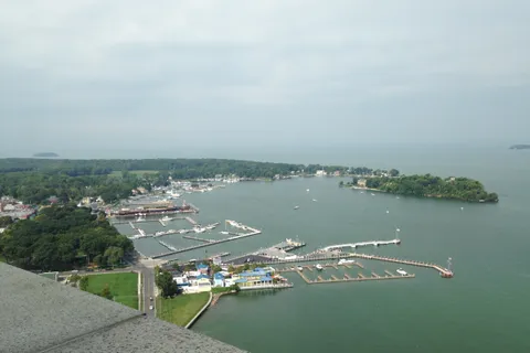 Put-in-Bay harbor and marinas on South Bass Island seen from Perry's Victory and International Peace Memorial