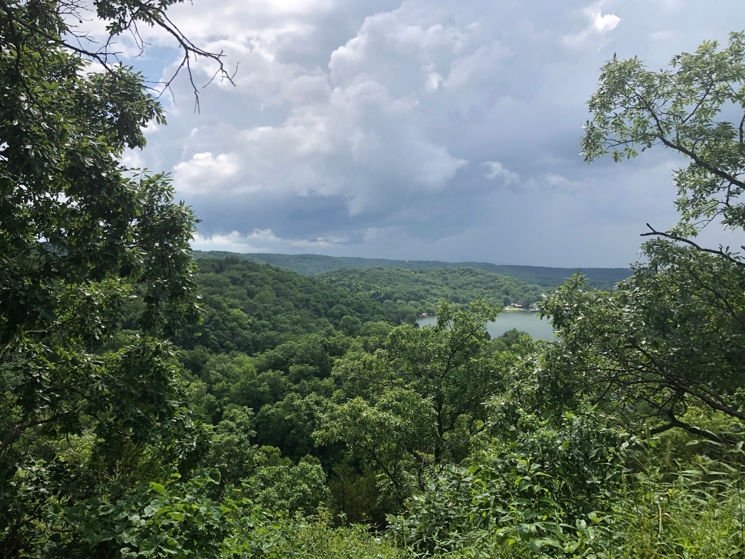 Wooded Ozark hills and lake water seen from the overlook at Ha Ha Tonka State Park