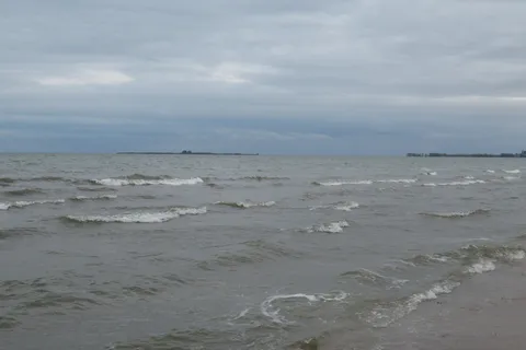 Wind-driven waves roll onto the beach at Bay City State Park under an overcast sky on Saginaw Bay