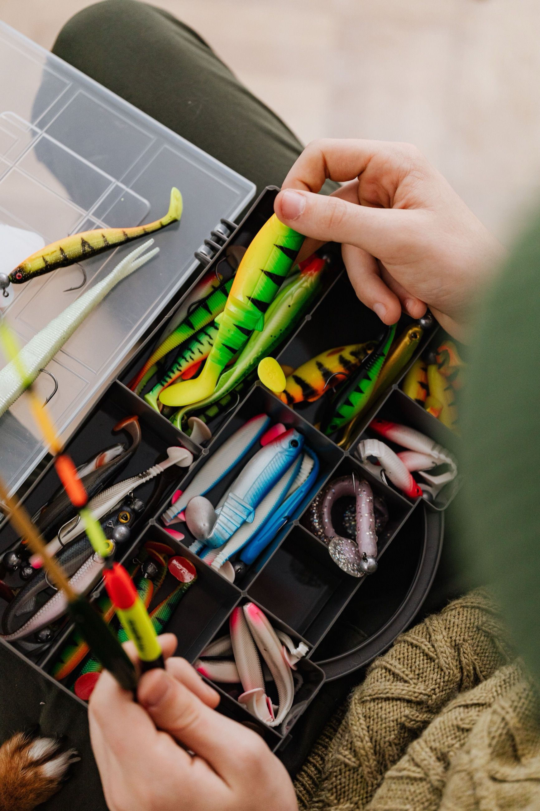 Hand reaching into a tackle box of soft plastic baits