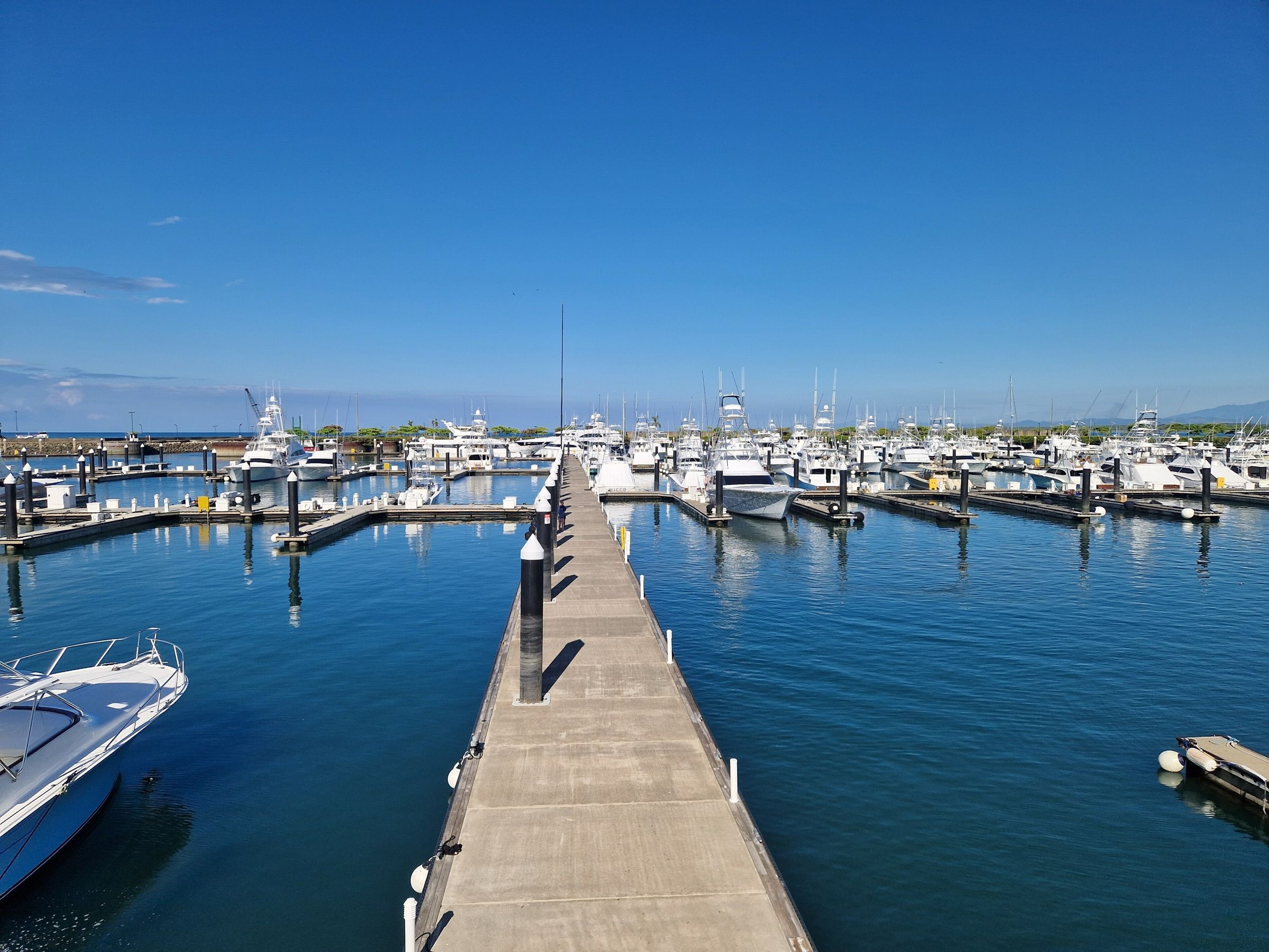 A long floating dock leading out to rows of sportfishing yachts at Quepos Marina on a clear morning